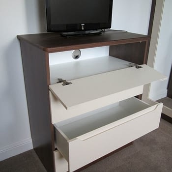 drawer unit with pull down flap colour cream gloss and dark walnut style milan